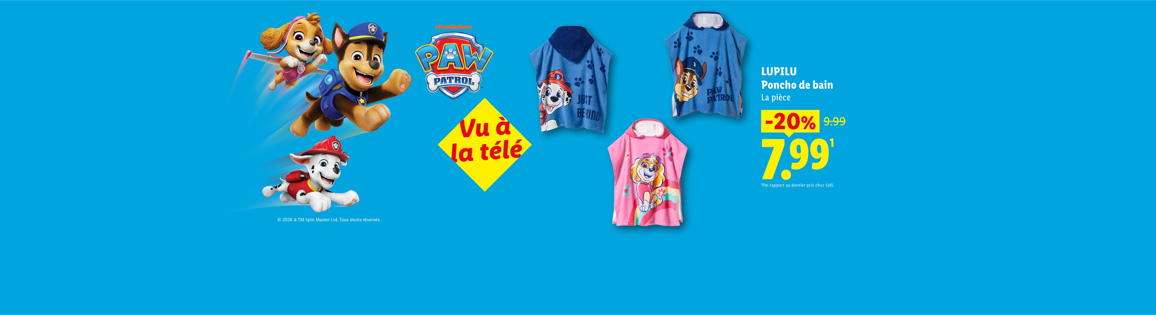 Poncho de bain pour enfants avec personnages de dessins animés, en promotion à 7,99€.