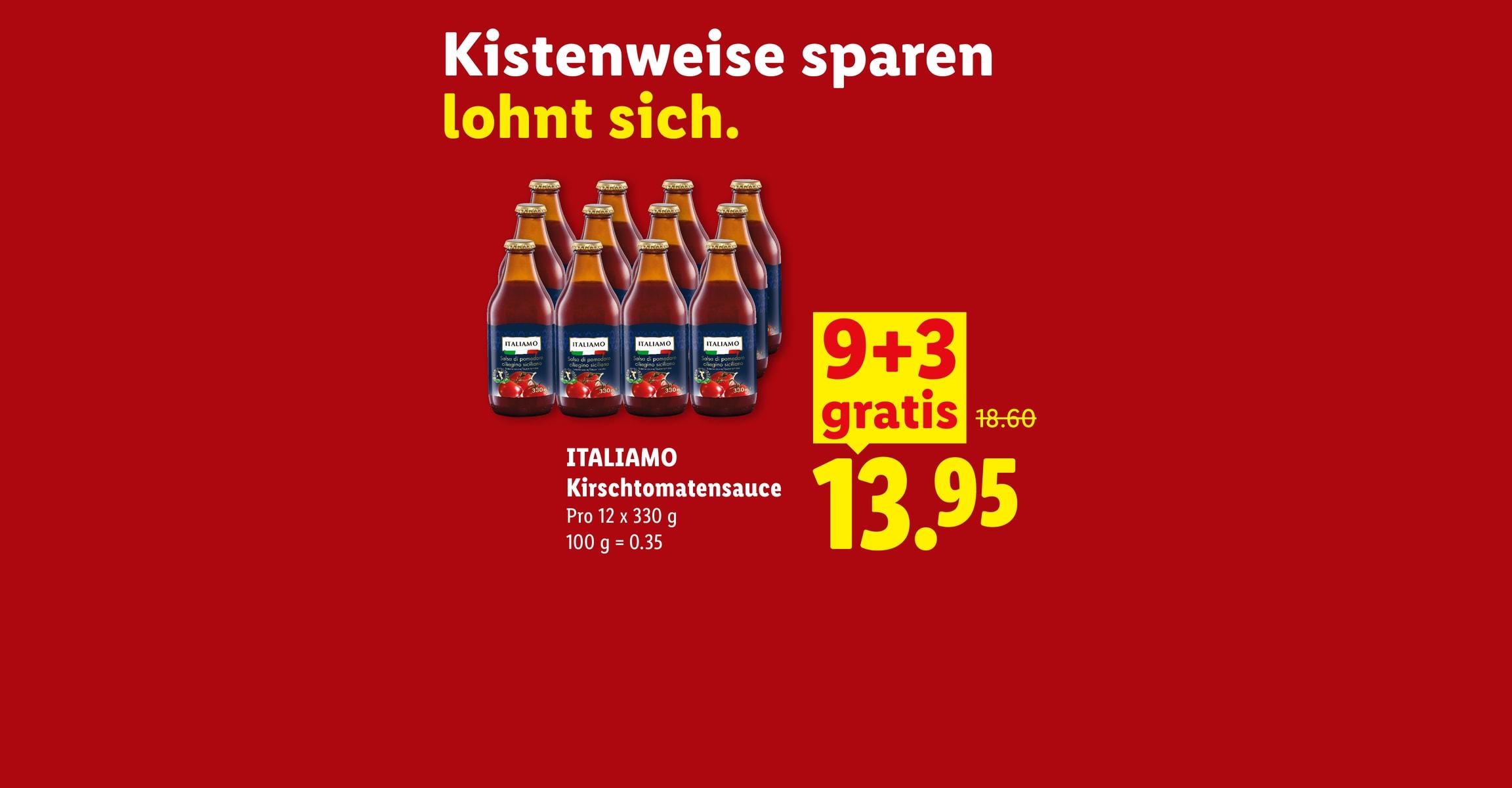 Kistenweise sparen lohnt sich. ITALIAMO Kirschtomatensauce Pro 12 x 330 g 100 g = 0.35 9+3 gratis CHF 13.95