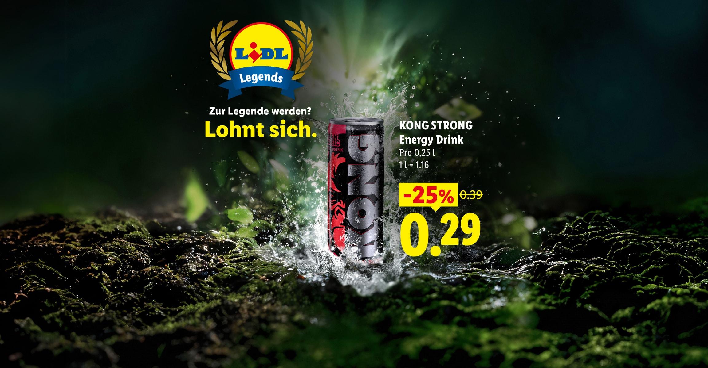 AI-generiert: LIDL Legends Zur Legende werden? Lohnt sich. KONG STRONG Energy Drink Pro 0,25 l 1 l = 1.16 -25% CHF 0.29