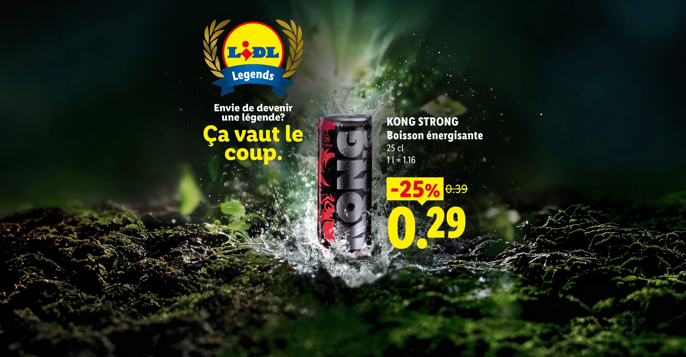 Généré par AI: LIDL Legends Envie de devenir une légende? Ça vaut le coup. KONG STRONG Boisson énergisante 25 cl 1 l = 1.16 -25% CHF 0.29