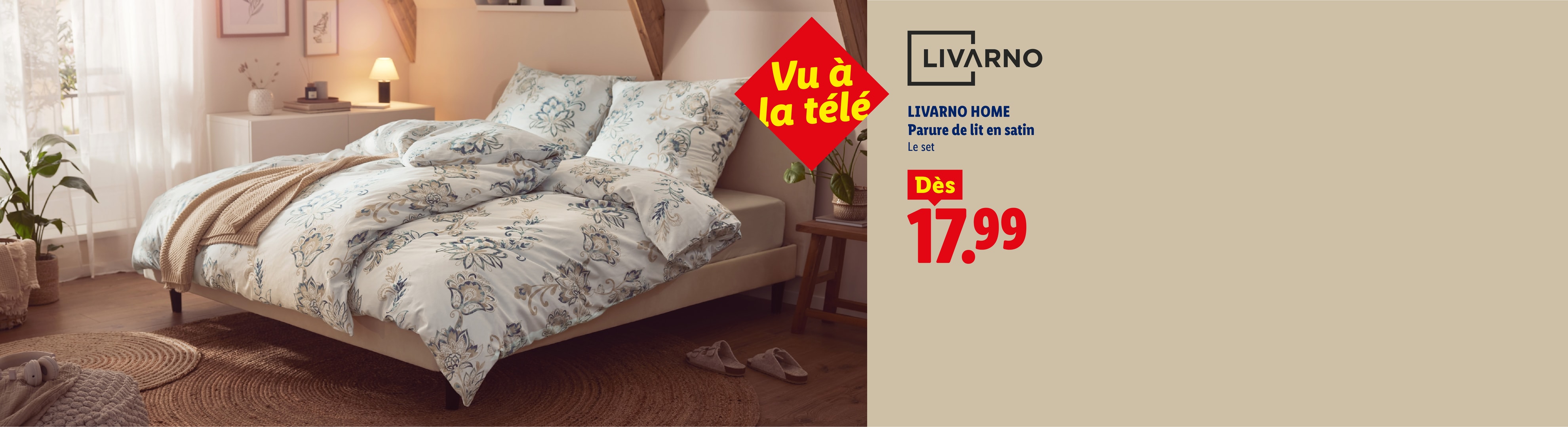 Parure de lit en satin à motifs floraux dans une chambre lumineuse, à partir de 17,99 €.
