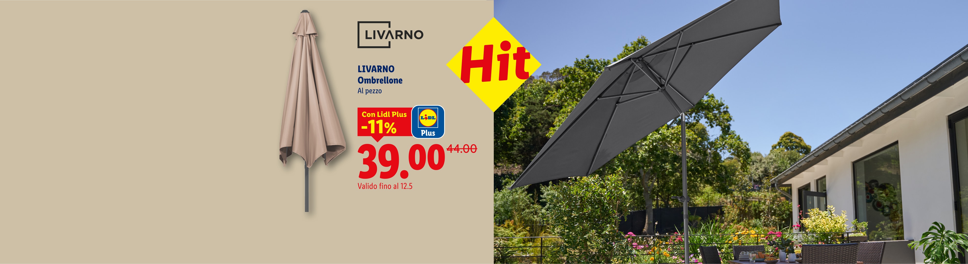 Ombrellone beige e grigio in offerta a 39,00 € invece di 44,00 €.