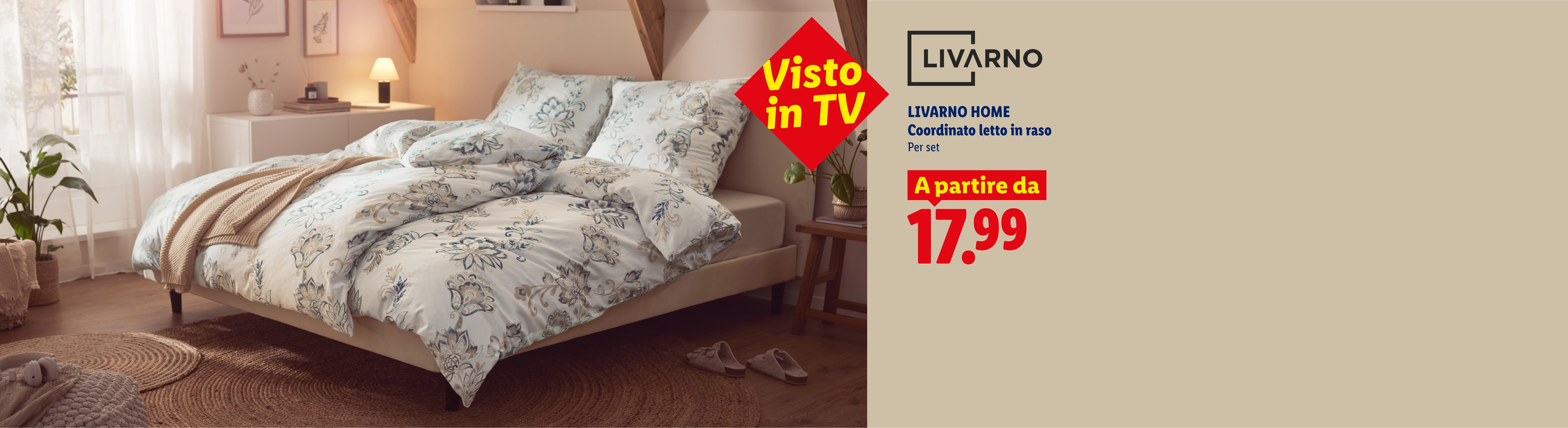 Coordinato letto in raso con motivo floreale in una camera da letto luminosa, a partire da 17,99 €.