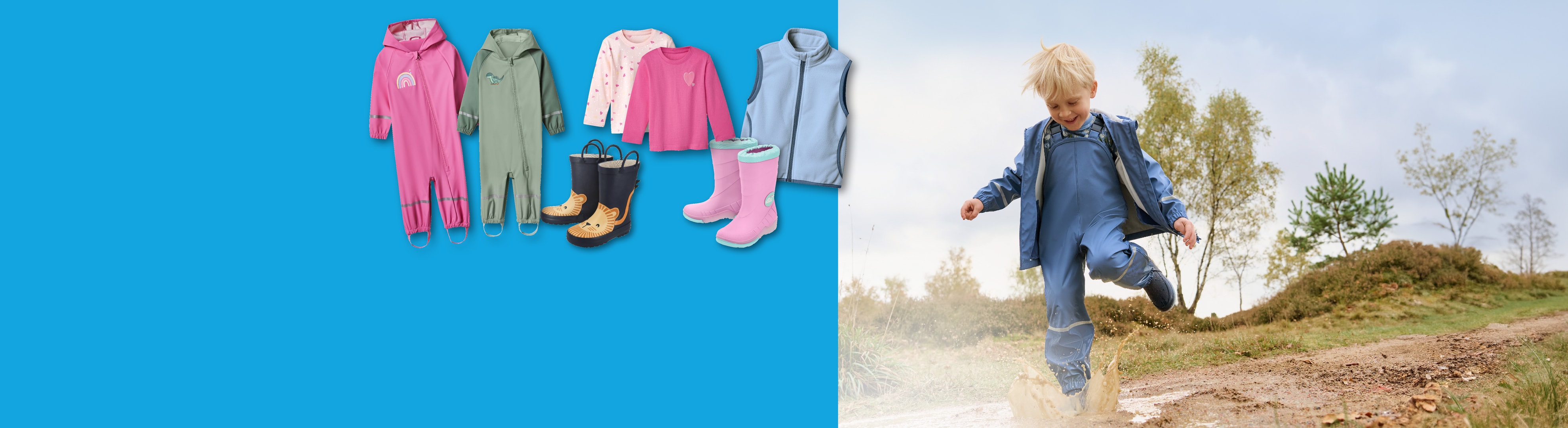 Vêtements de pluie pour enfants et bottes en caoutchouc, avec un enfant jouant dans une flaque.