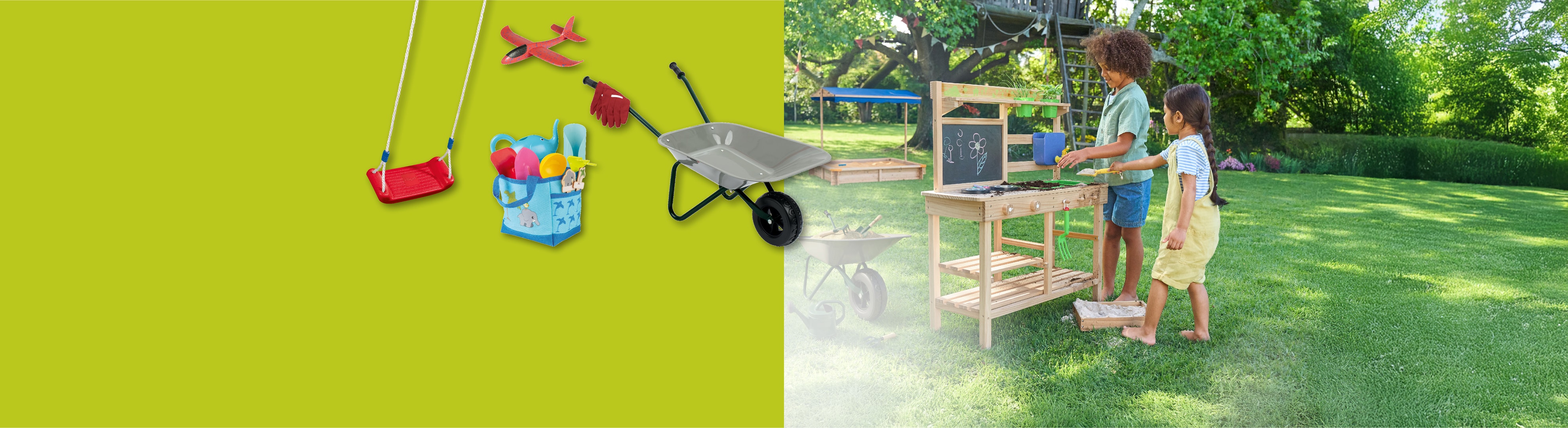 Spiel- und Gartengeräte für Kinder, mit zwei Kindern, die im Garten spielen.