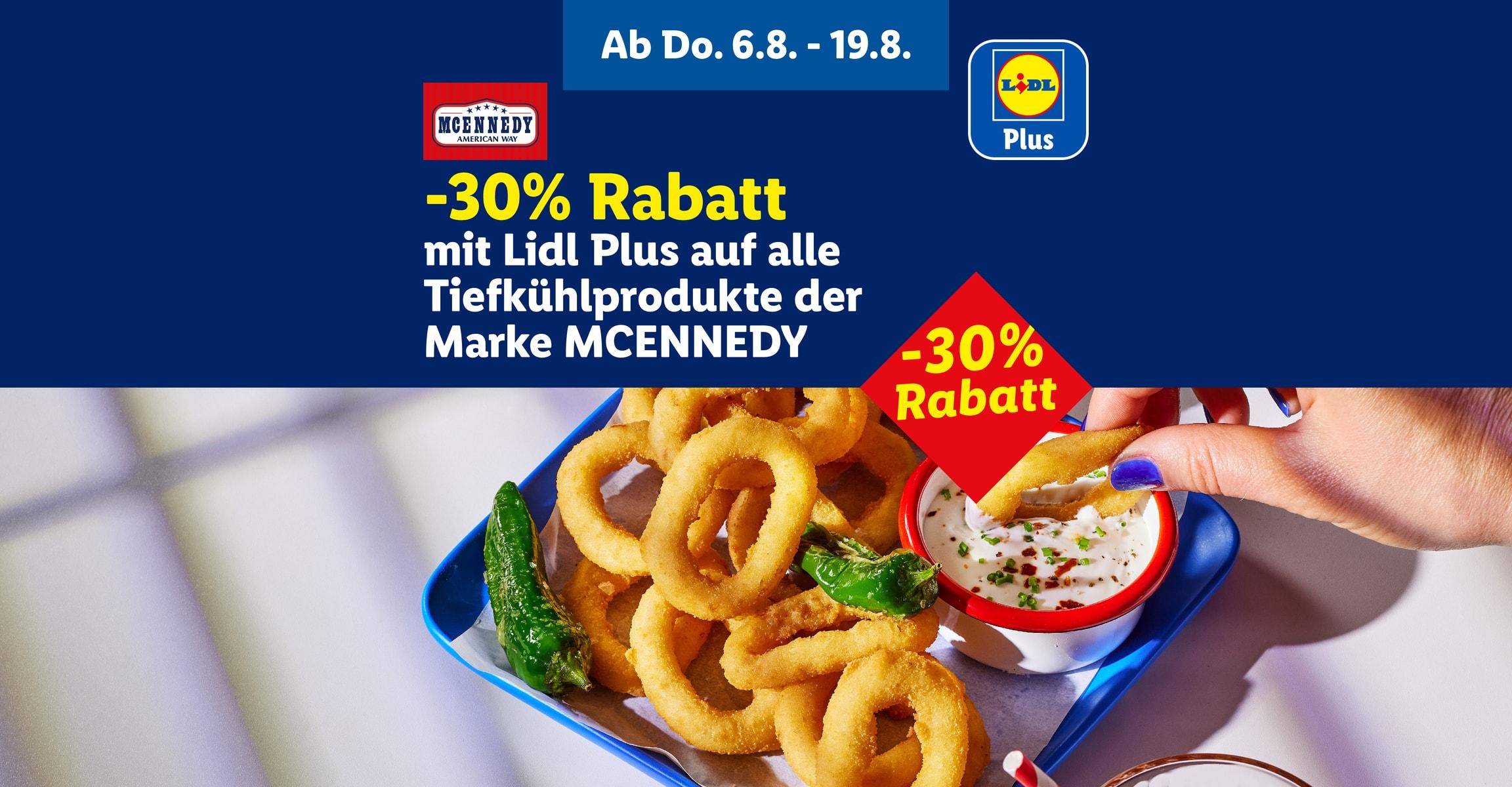 Ab Do. 6.8. - 19.8. -30% Rabatt mit Lidl Plus auf alle Tiefkühlprodukte der Marke MCENNEDY