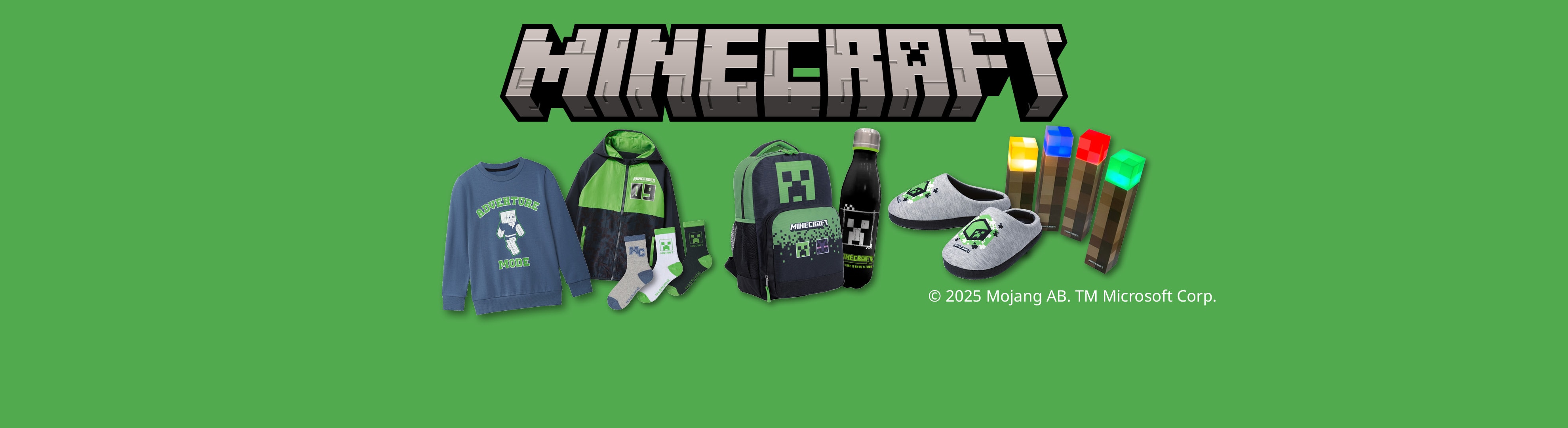 Minecraft Kinderprodukte: Pullover, Rucksack, Hausschuhe und Zubehör.