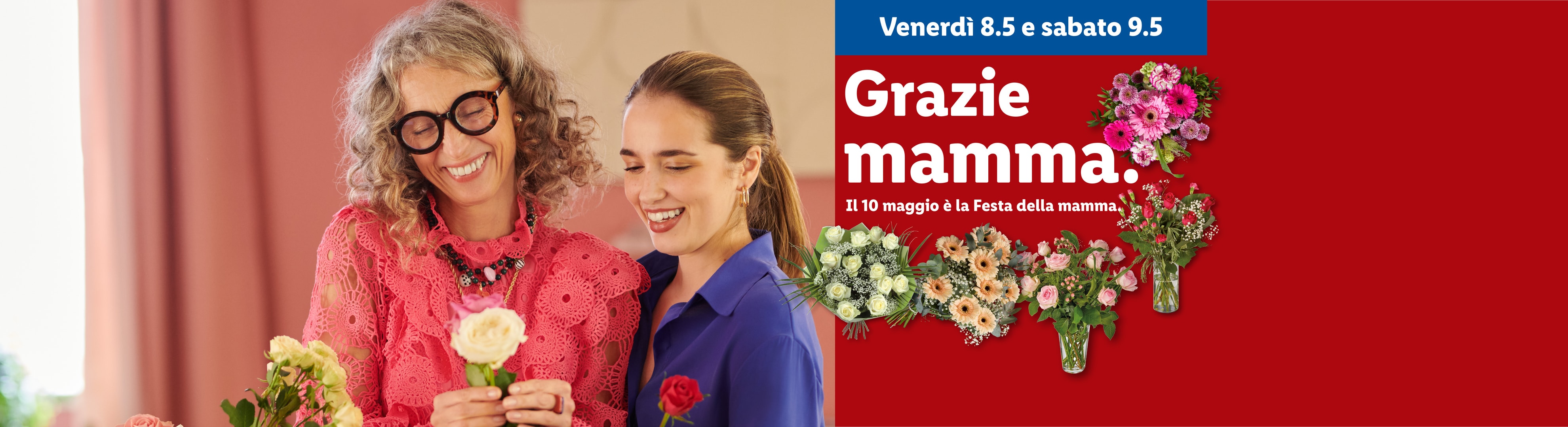 Due donne sorridenti con fiori, con il testo 'Grazie mamma' per la Festa della mamma.