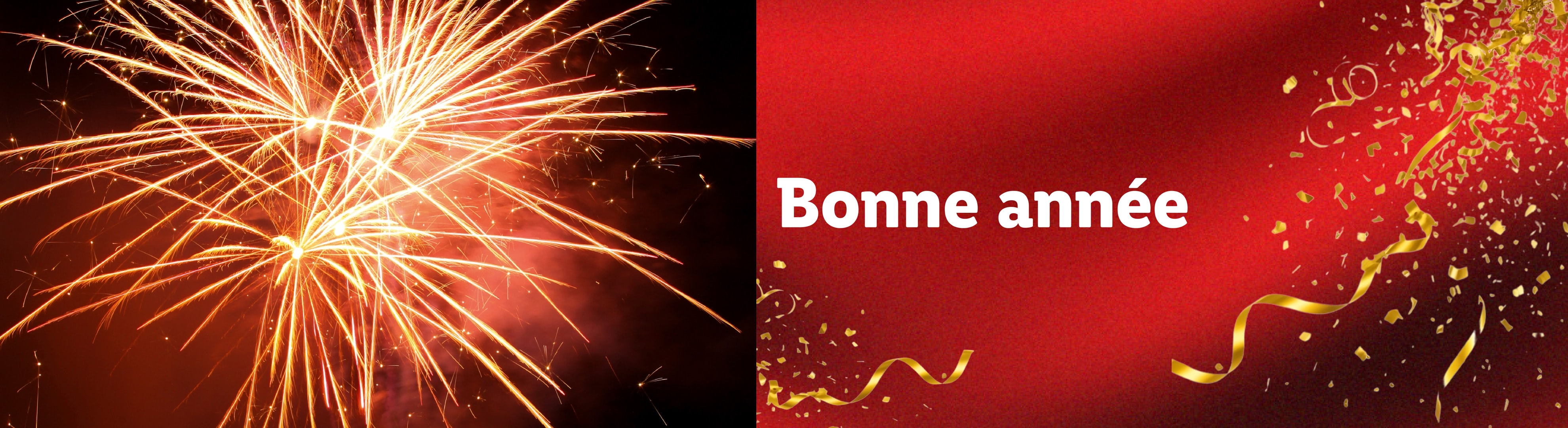 Feux d'artifice et confettis dorés sur fond rouge avec le texte 'Bonne année'.