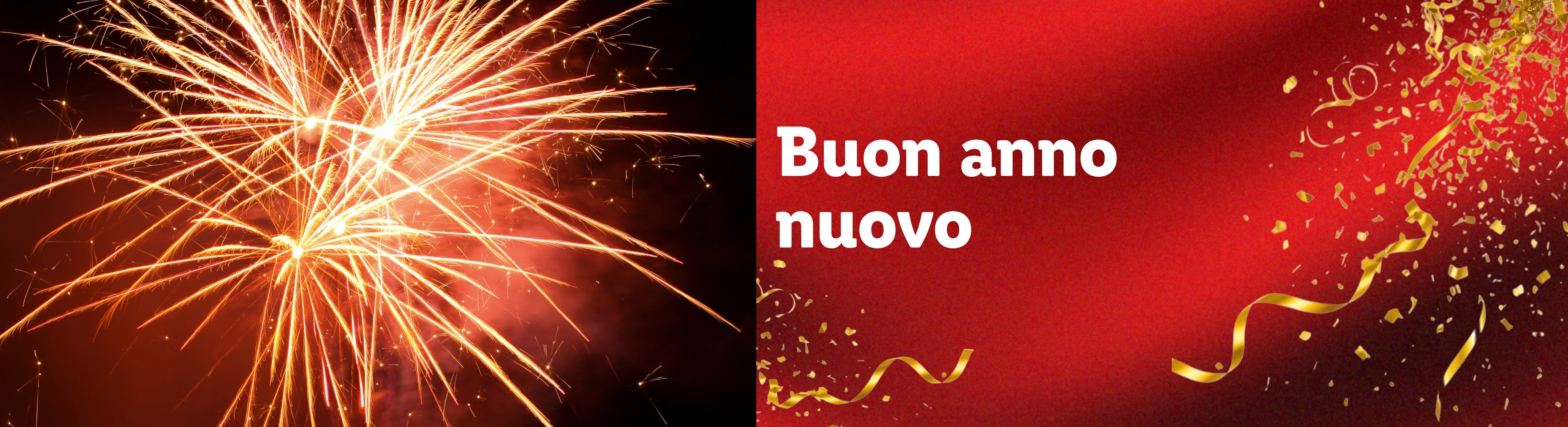 Fuochi d'artificio e coriandoli con la scritta 'Buon anno nuovo' su sfondo rosso.