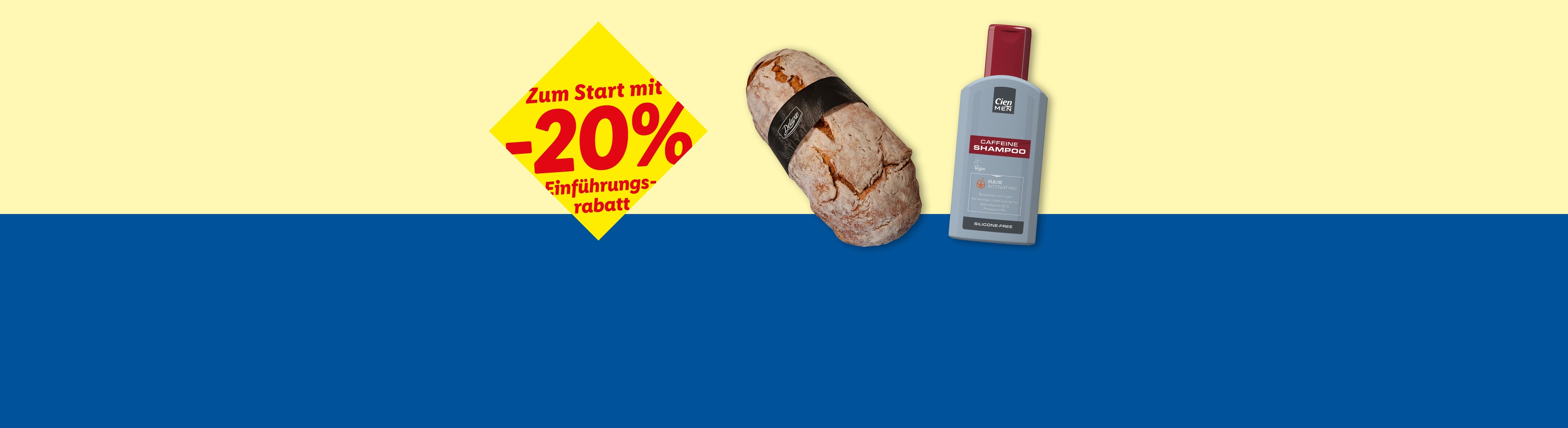 Ein Shampoo und ein Brotlaib mit einem gelben Rabattschild von 20%.