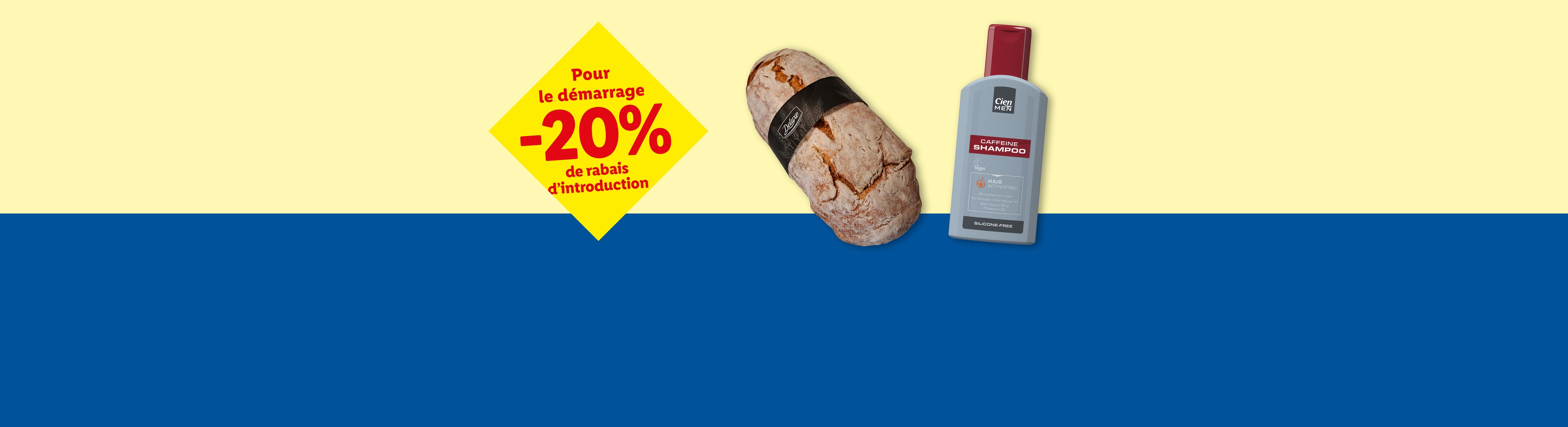 Shampoing à la caféine et pain avec 20% de réduction pour le lancement.