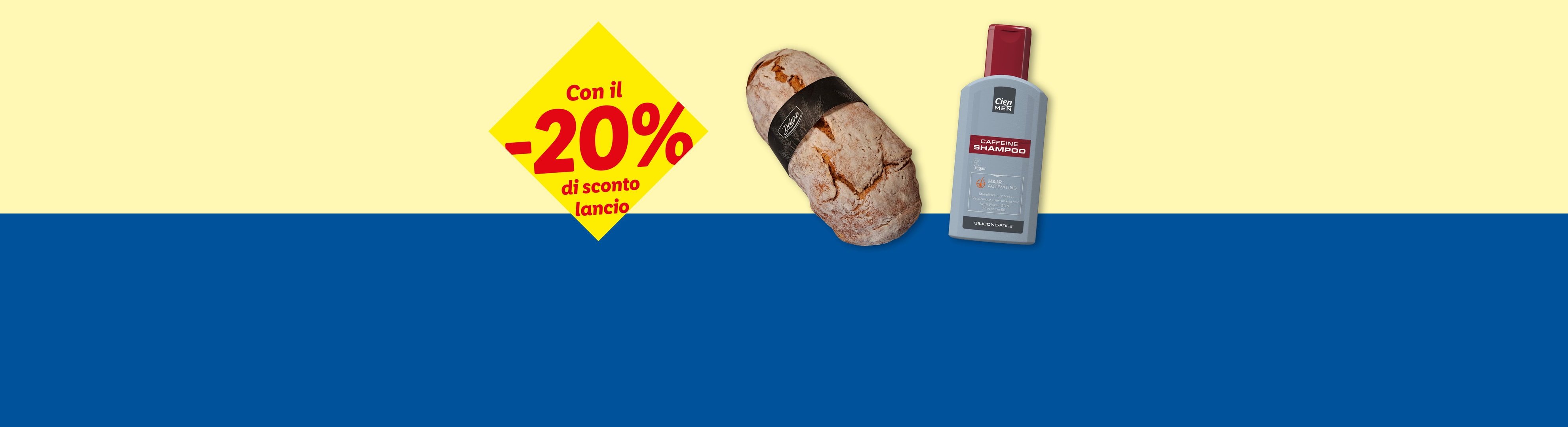 Shampoo alla caffeina e pane con sconto del 20% su sfondo giallo e blu.