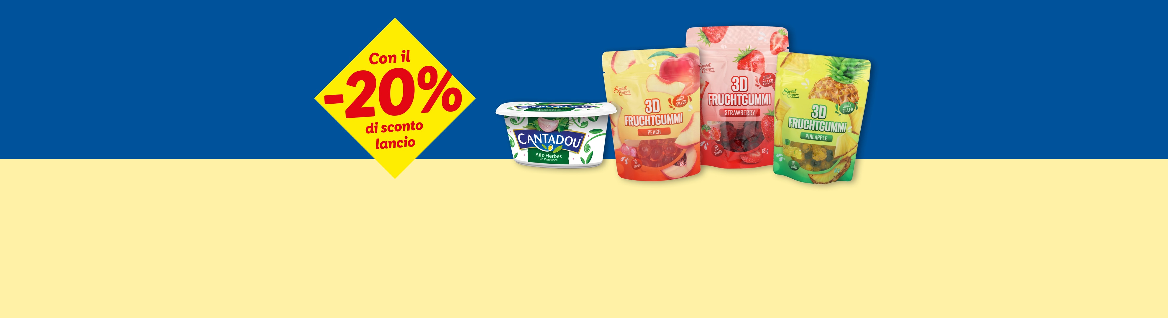 Caramelle gommose alla frutta e formaggio fresco all'aglio ed erbe, con uno sconto del 20%.
