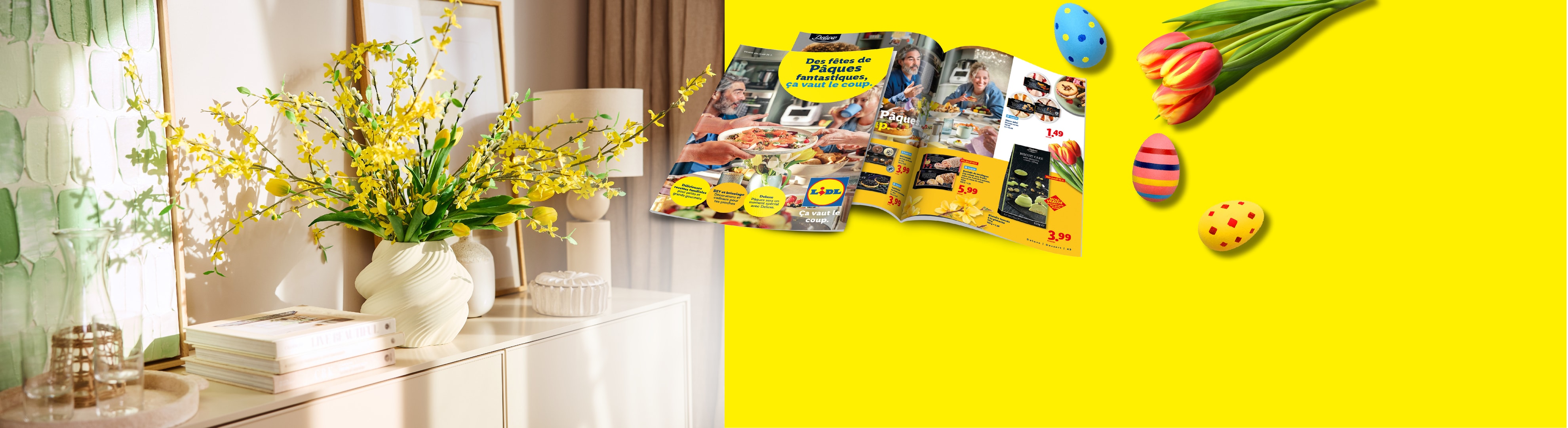 Catalogue de Pâques avec des offres sur les sucreries et les décorations, des œufs colorés et des tulipes.