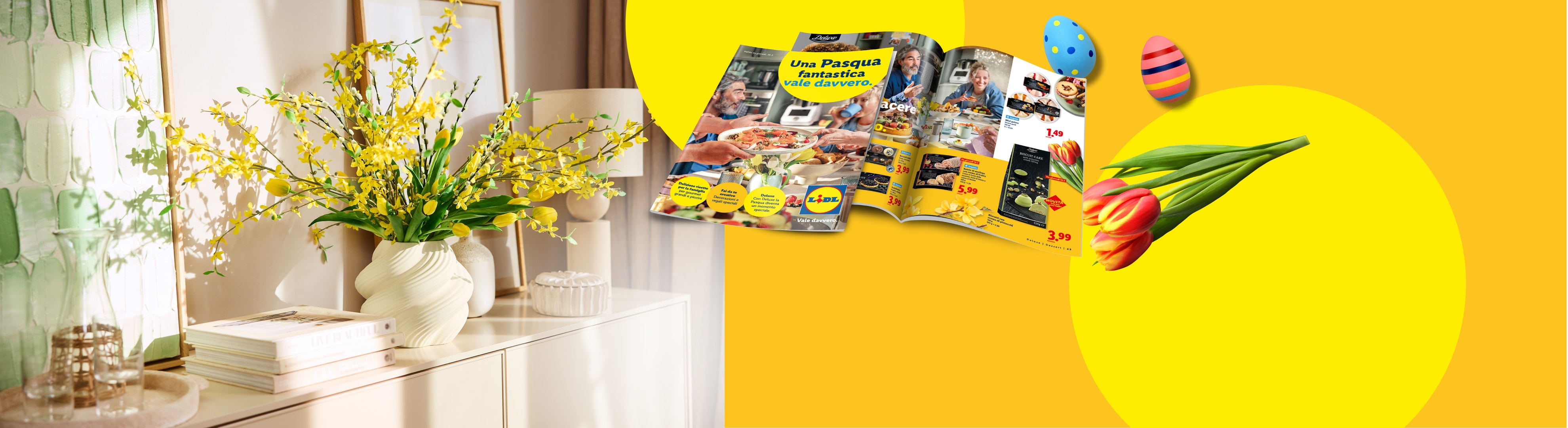 Volantino di Pasqua con ricette e offerte, circondato da fiori primaverili e uova di Pasqua.