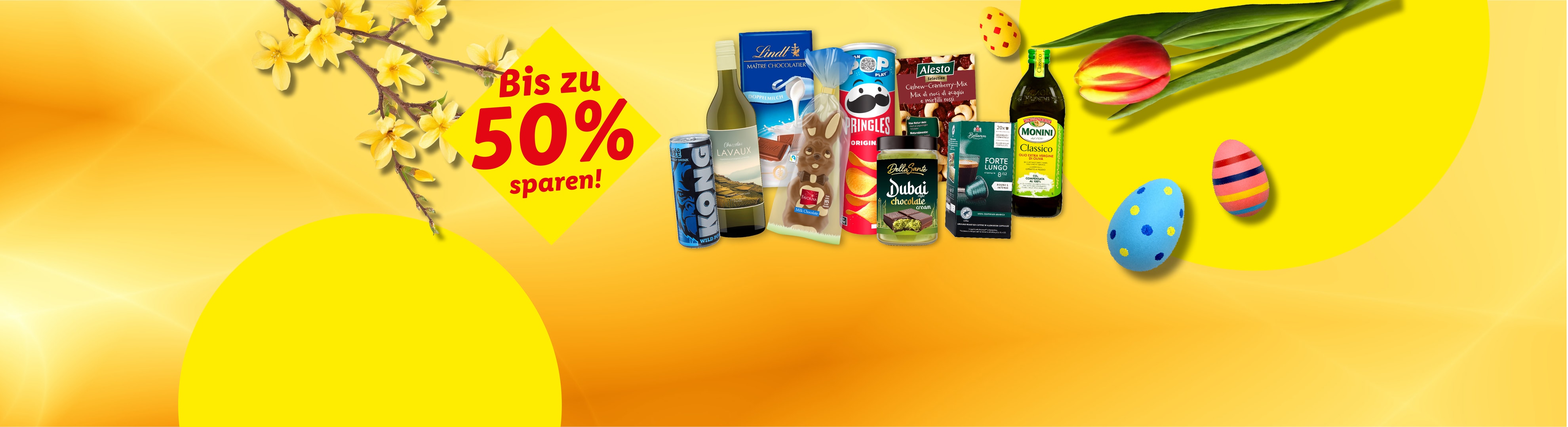 Auswahl an Lebensmitteln und Ostereiern mit einem Rabattangebot von bis zu 50%.
