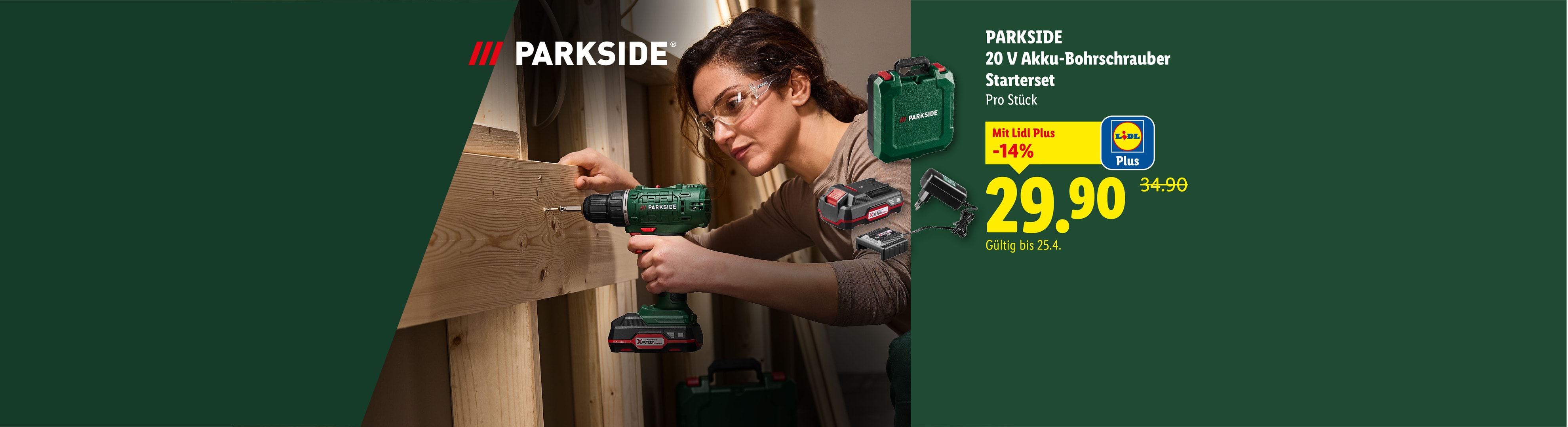 Frau benutzt einen 20 V Akku-Bohrschrauber, mit Starterset und reduziertem Preis.