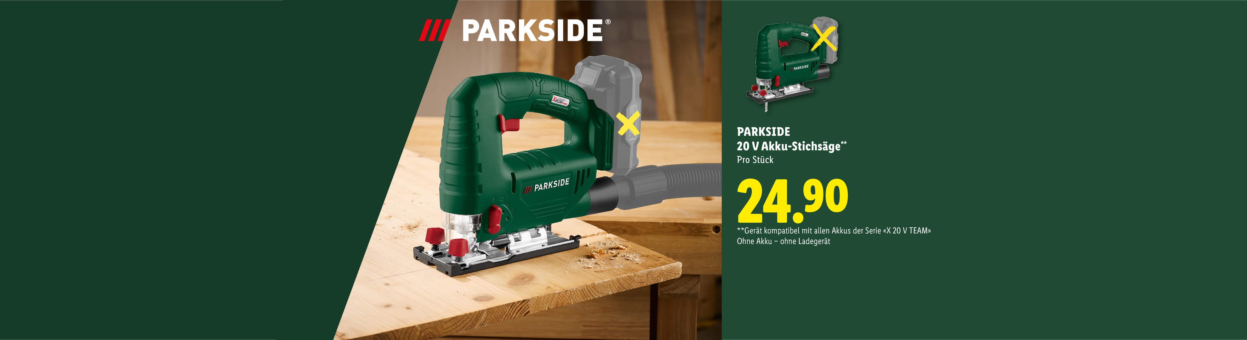 20 V Akku-Stichsäge auf einem Holztisch, Preis 24,90.