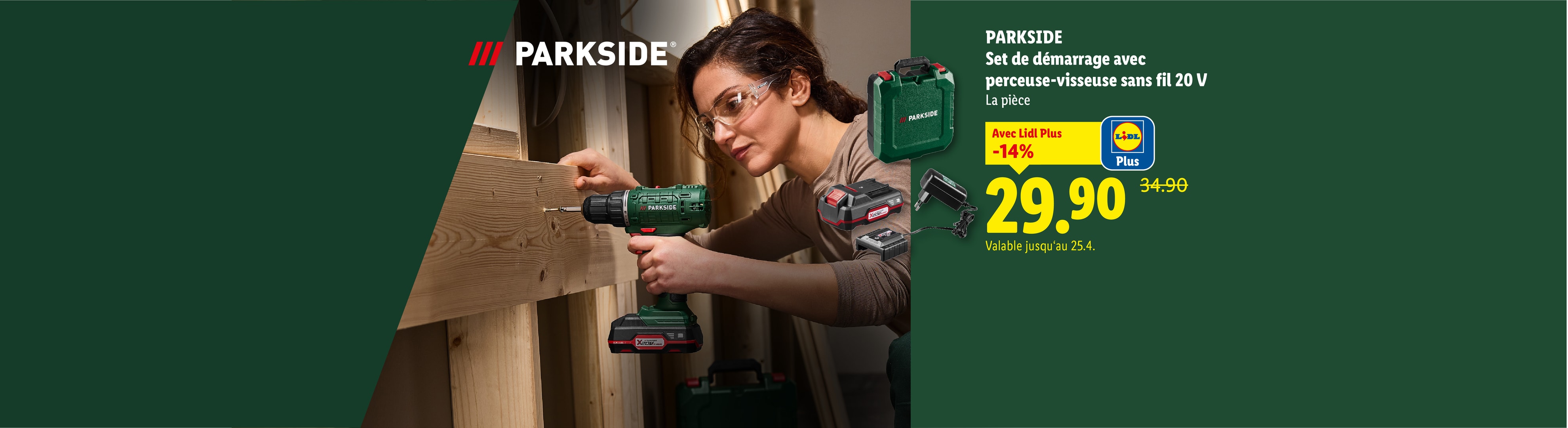 Femme utilisant une perceuse-visseuse sans fil 20 V, avec kit de démarrage et prix affiché.