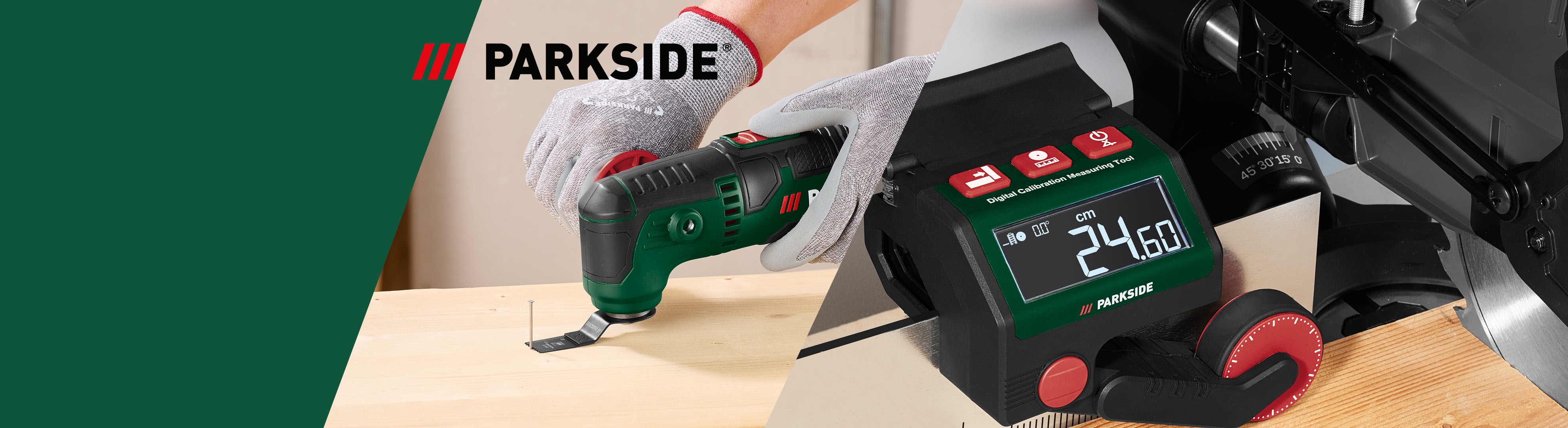 Parkside Multifunktionswerkzeug und digitales Messgerät auf Holz.