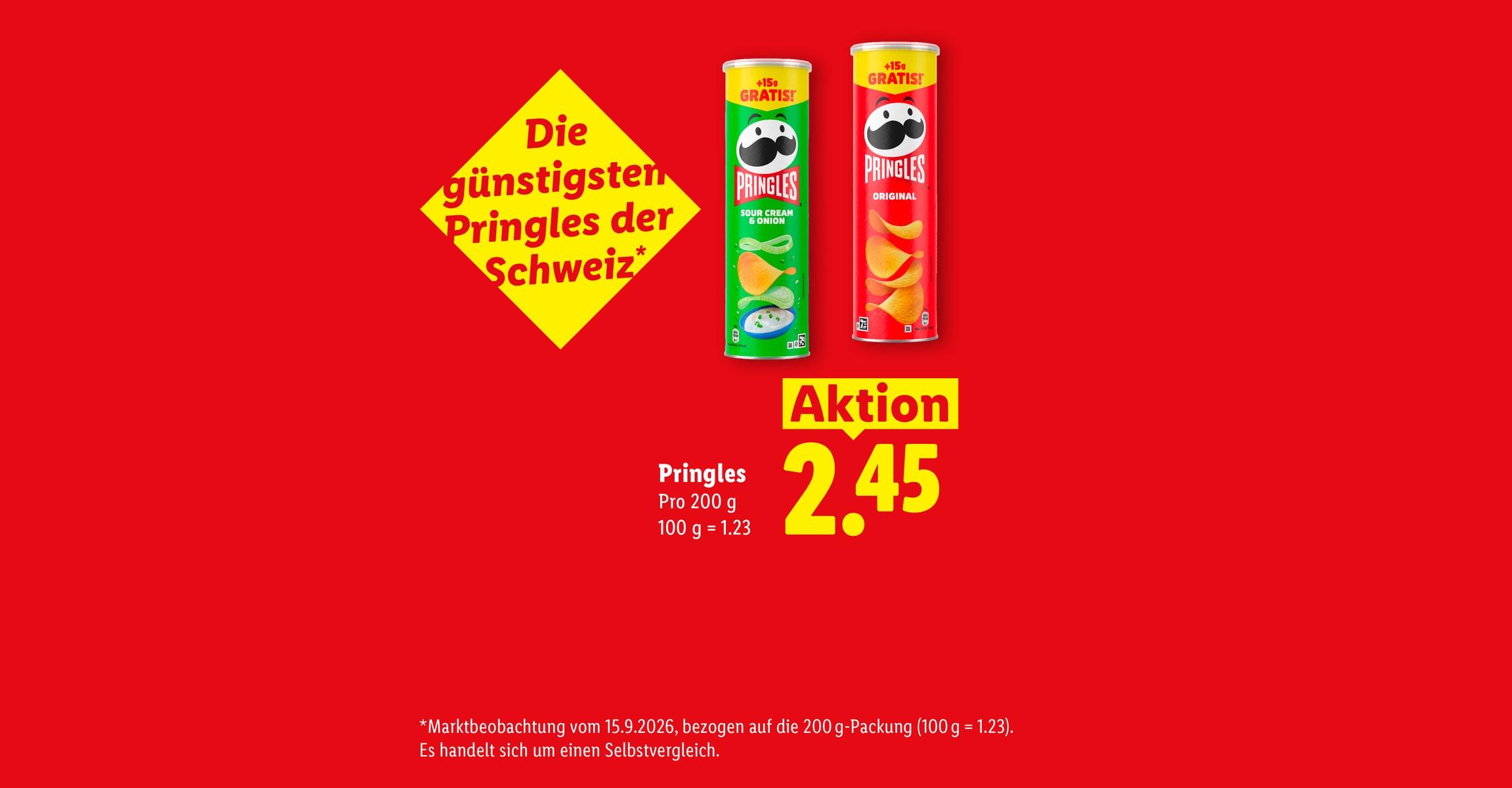 Die günstigsten Pringles der Schweiz. Pringles Pro 200 g 100 g = 1.23 Aktion CHF 2.45
