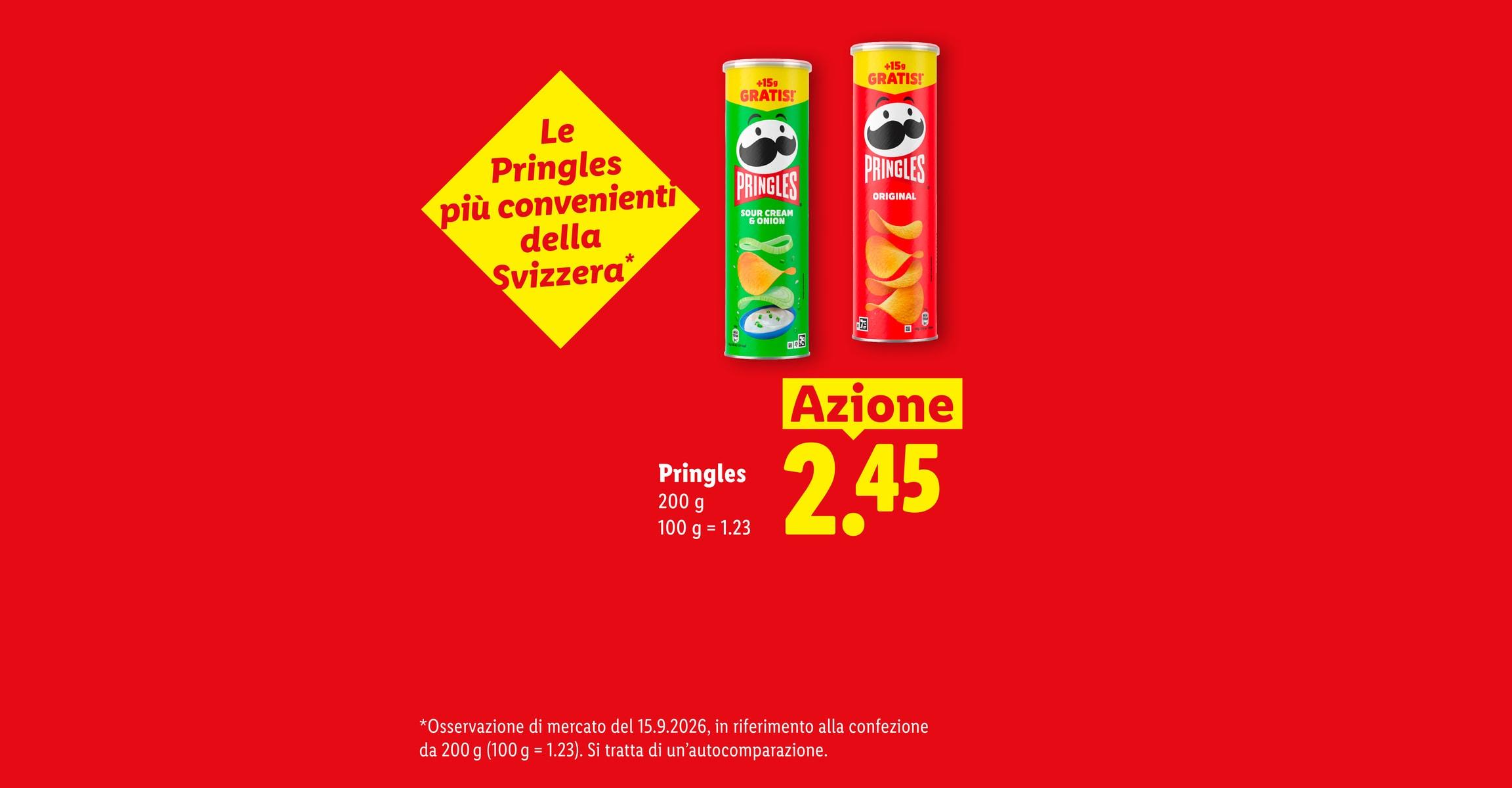 Le Pringles più convenienti della Svizzera. Pringles 200 g 100 g = 1.23 Azione CHF 2.45