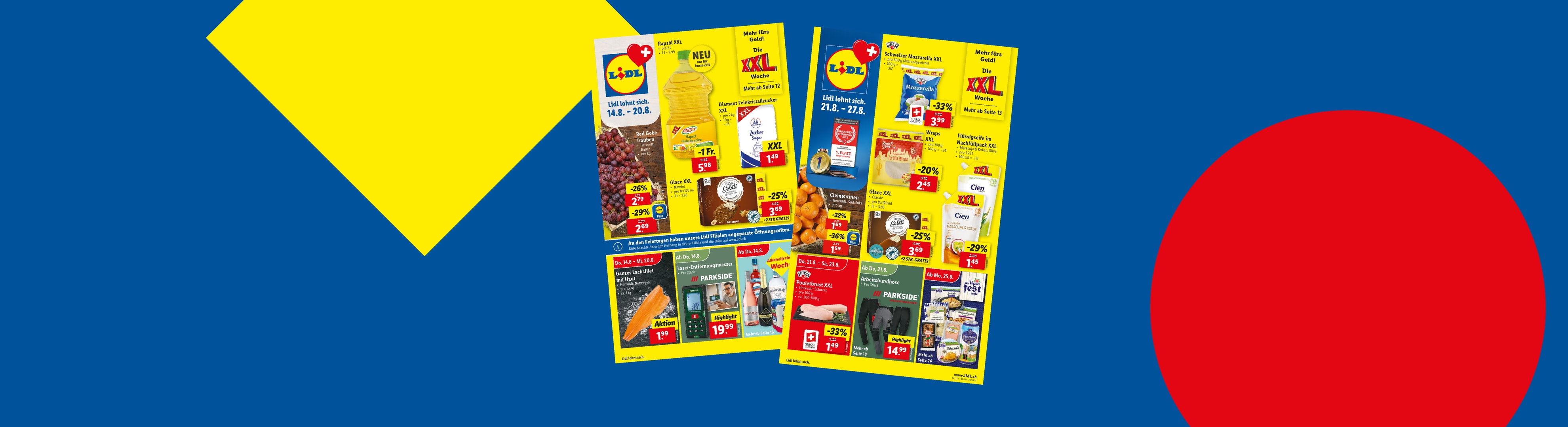 Lidl-Flugblatt mit Angeboten für XXL-Lebensmittel, Backwaren und Haushaltsartikel.