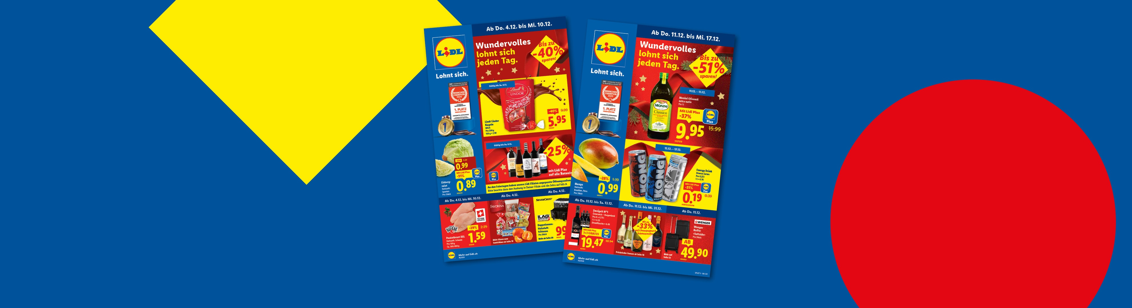 Zwei Lidl-Prospekte mit Angeboten für Lindt Schokolade, Monini Olivenöl und Getränke.