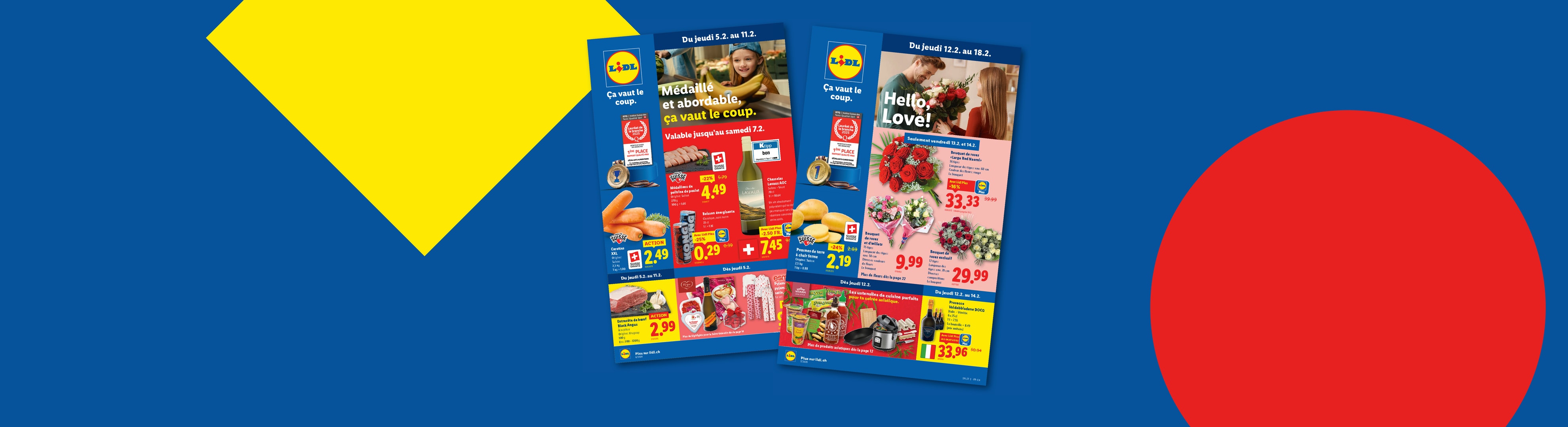 Deux prospectus Lidl présentant des offres sur l'alimentation, les fleurs et les articles ménagers.