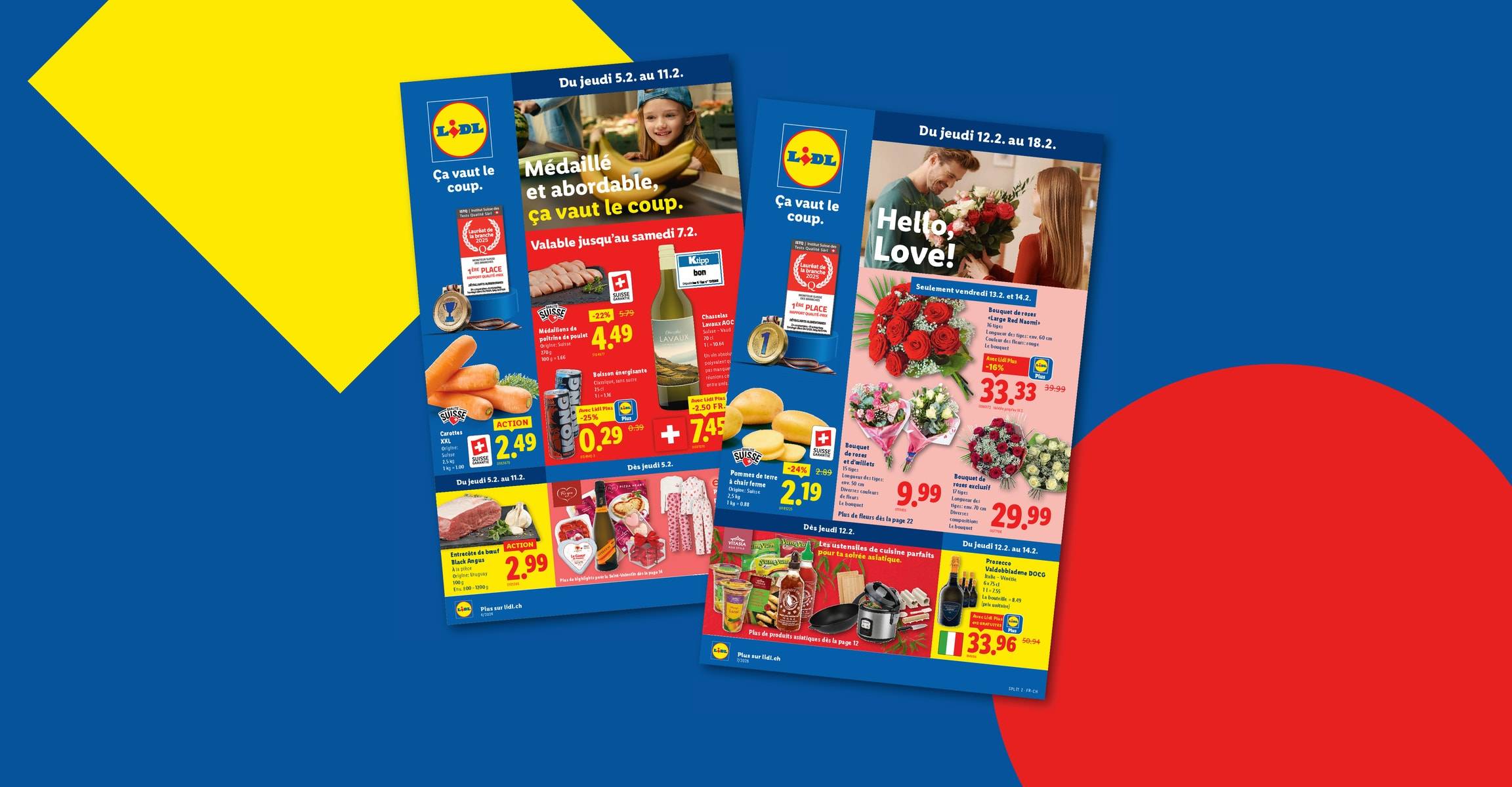 Deux prospectus Lidl présentant des offres sur l'alimentation, les fleurs et les articles ménagers.