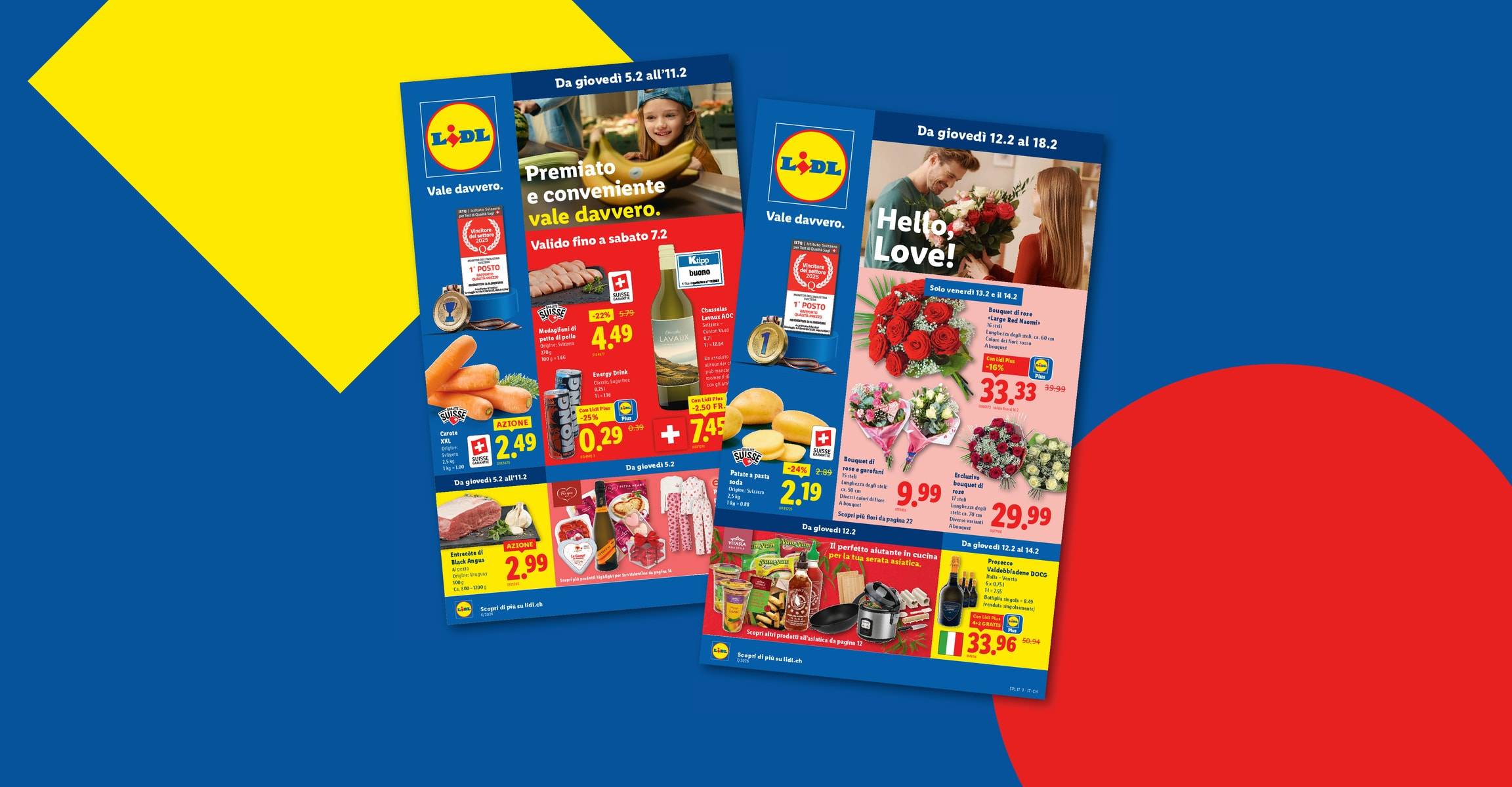 Due volantini Lidl con offerte su generi alimentari, fiori e articoli per la casa, tra cui carote, patate e rose.