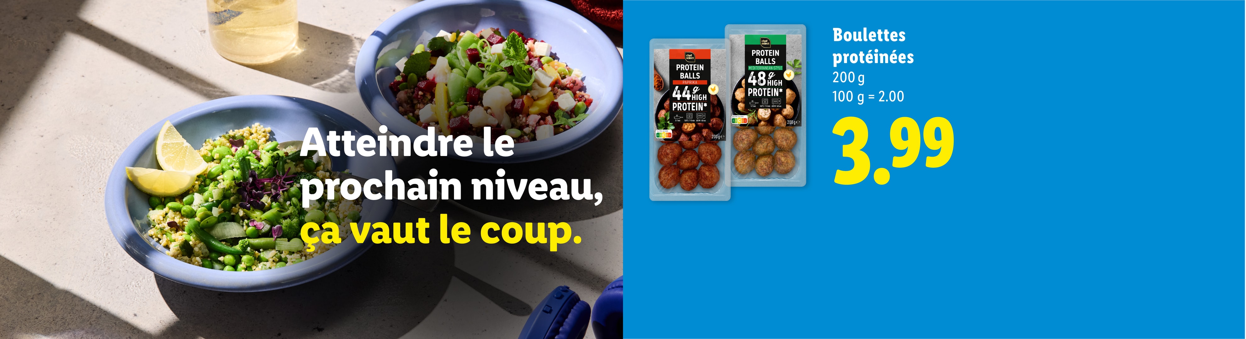 Boulettes protéinées en promotion avec des salades fraîches, 