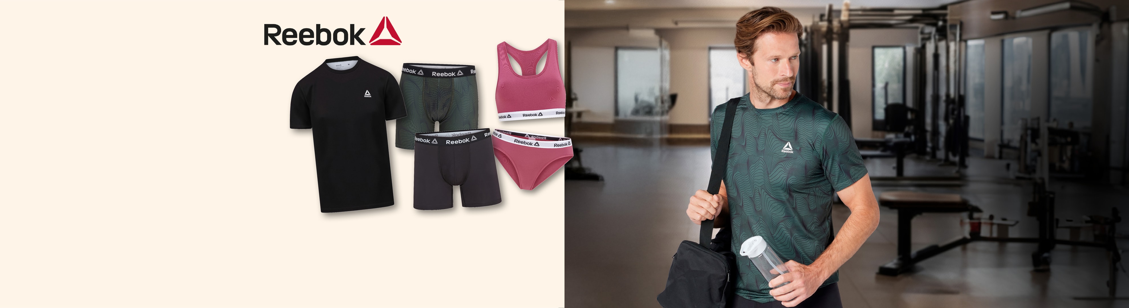 Ein Mann in einem Fitnessstudio, der ein grünes Sport-T-Shirt trägt, mit schwarzer Unterwäsche und einem T-Shirt.