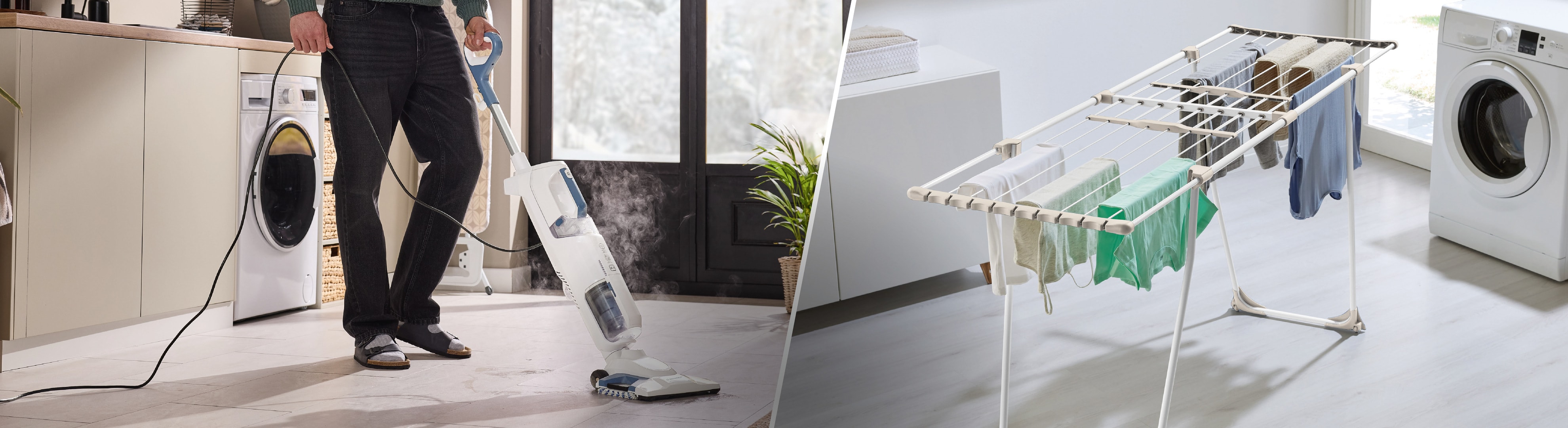 Dampfreiniger und Wäscheständer mit Waschmaschine im Hintergrund.