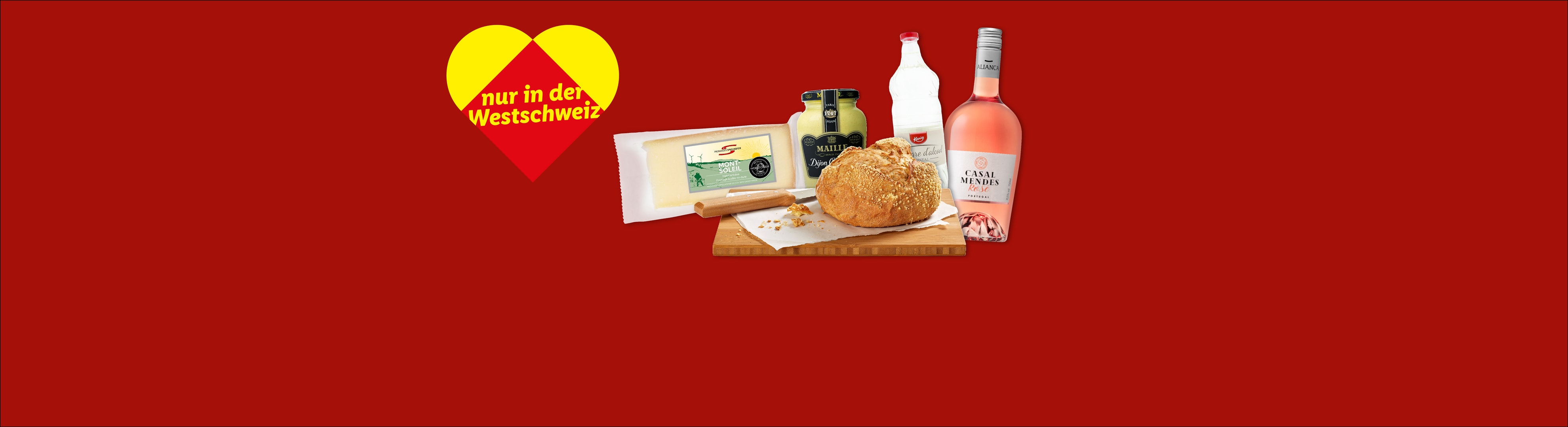 Käse, Brot, Maille Senf, Essig und Casal Mendes Roséwein auf einem Schneidebrett.