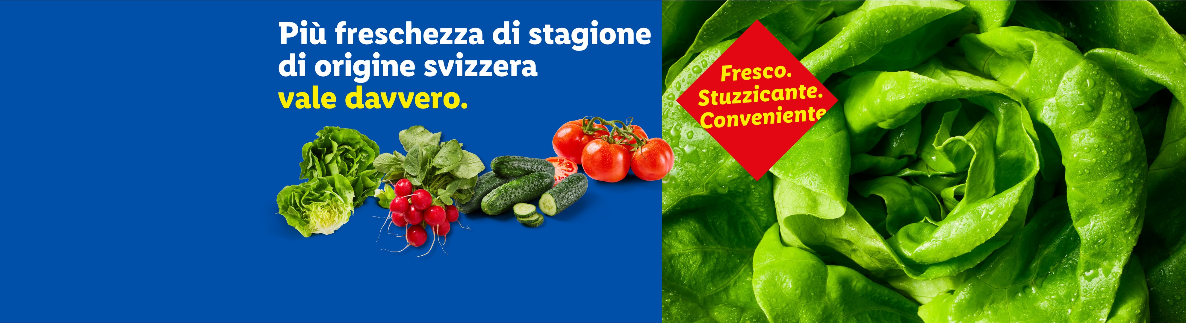 Verdure fresche come lattuga, ravanelli, cetrioli e pomodori con testo: 'Più freschezza di stagione di origine svizzera vale davvero. Fresco. Stuzzicante. Conveniente'.