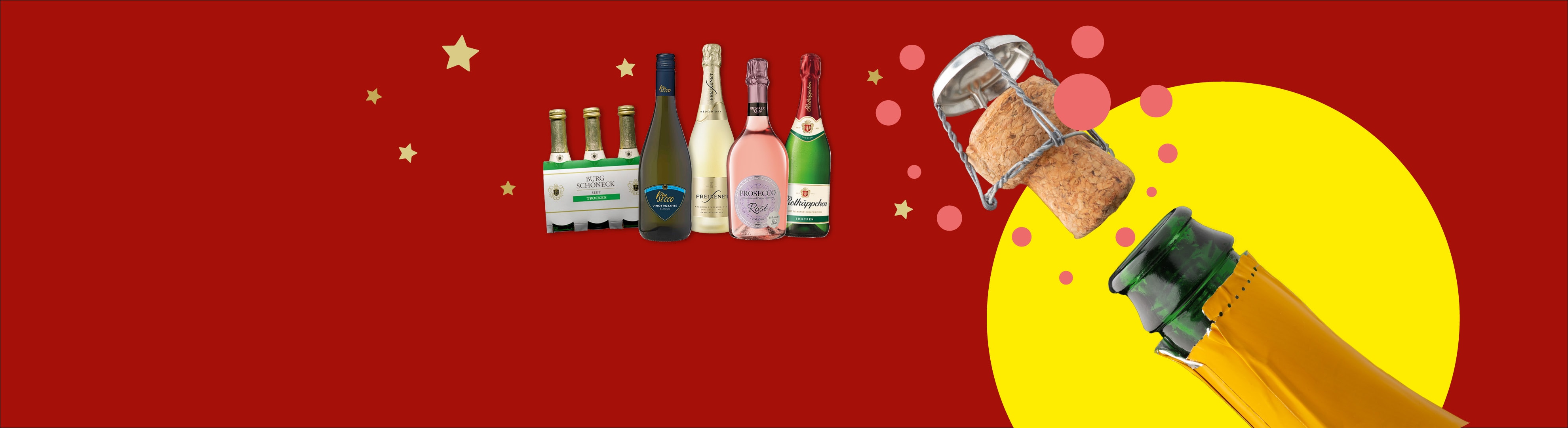 Flaschen Sekt und Prosecco, mit einem knallenden Sektkorken auf rotem und gelbem Hintergrund.