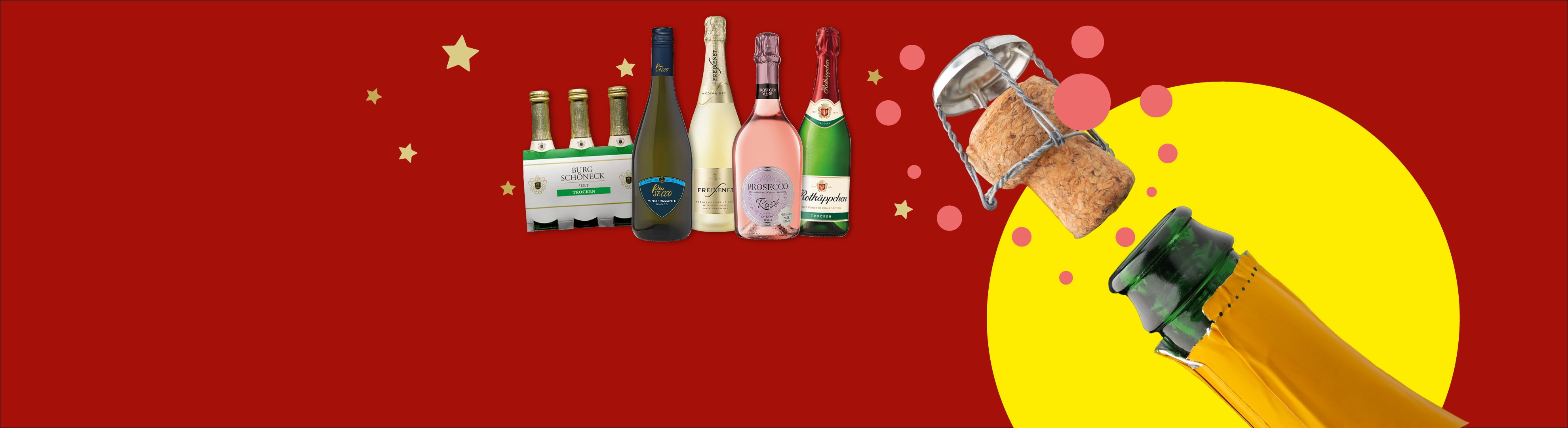 Sekt- und Prosecco-Flaschen, mit einem knallenden Sektkorken auf rotem und gelbem Hintergrund.