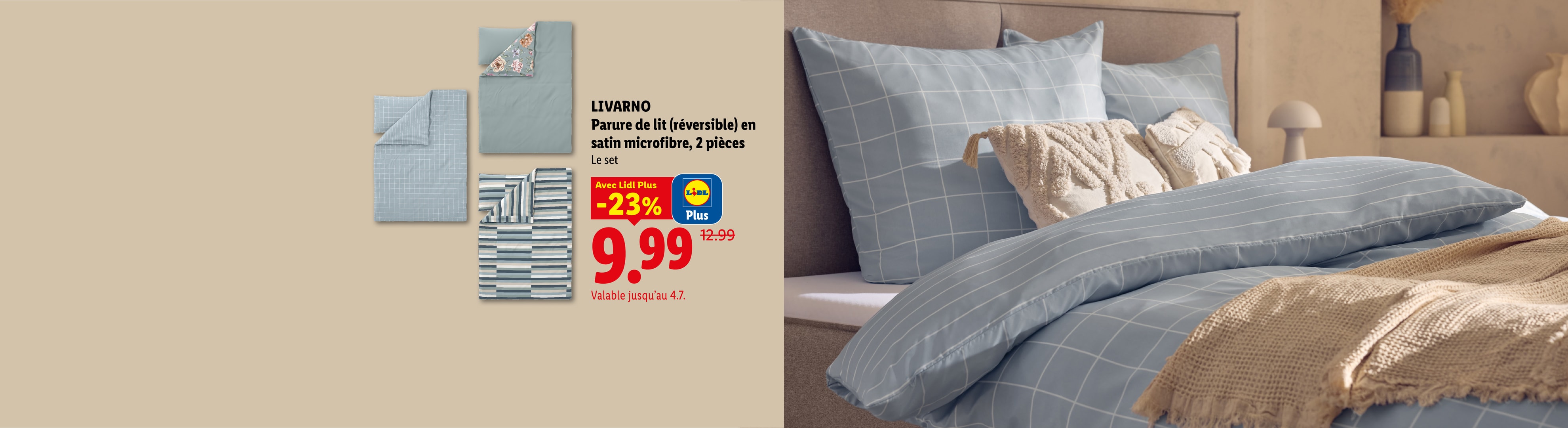 Parure de lit réversible en satin microfibre, 2 pièces, avec 23% de réduction à 9,99€.