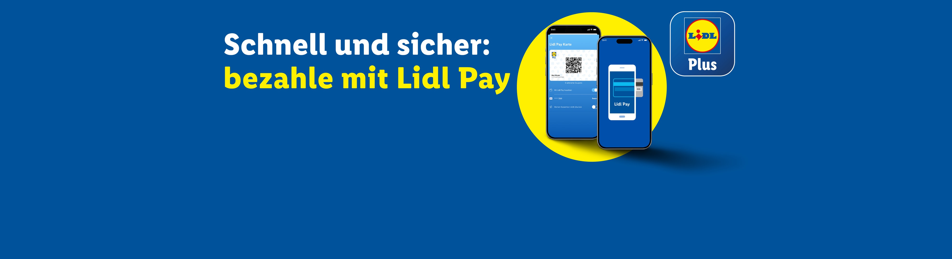 Schnell und sicher: bezahle mit Lidl Pay. Zwei Smartphones zeigen die Bezahlfunktion.