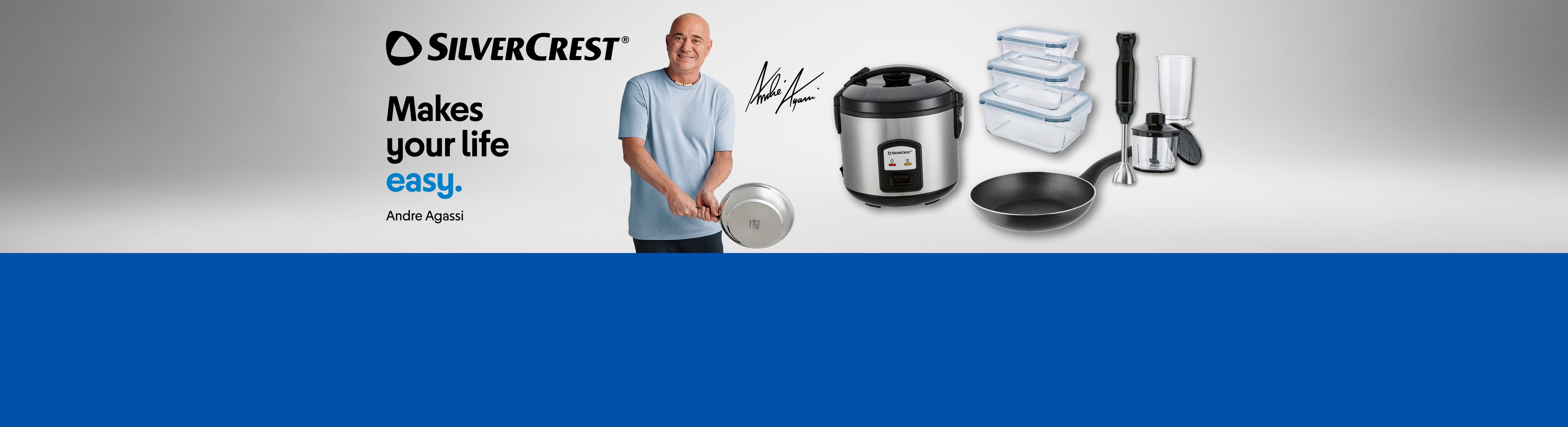 Andre Agassi avec ustensiles de cuisine, cuiseur à riz, boîtes de conservation et mixeur plongeant.