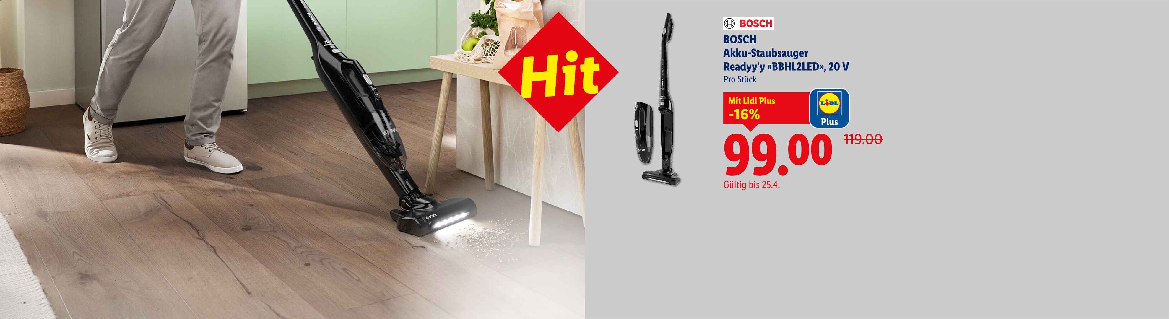 Kabelloser Staubsauger im Sonderangebot, mit einer Person, die einen Holzboden reinigt.