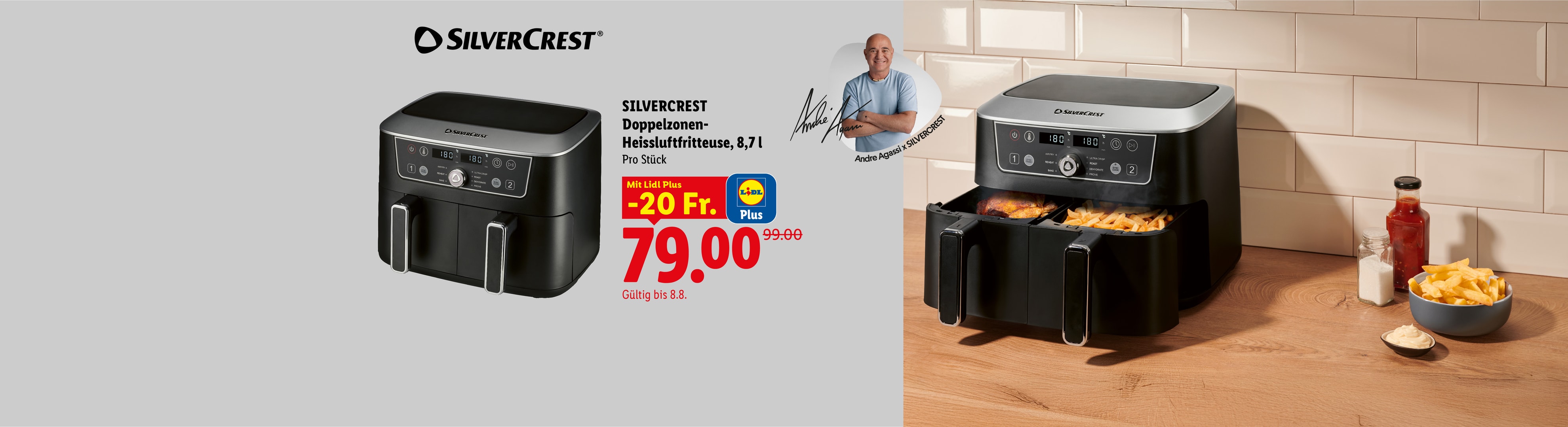 SILVERCREST Doppelzonen- Heissluftfritteuse, 8,7 l Pro Stück Mit Lidl Plus -20 Fr. CHF 79.00 Gültig bis 8.8.