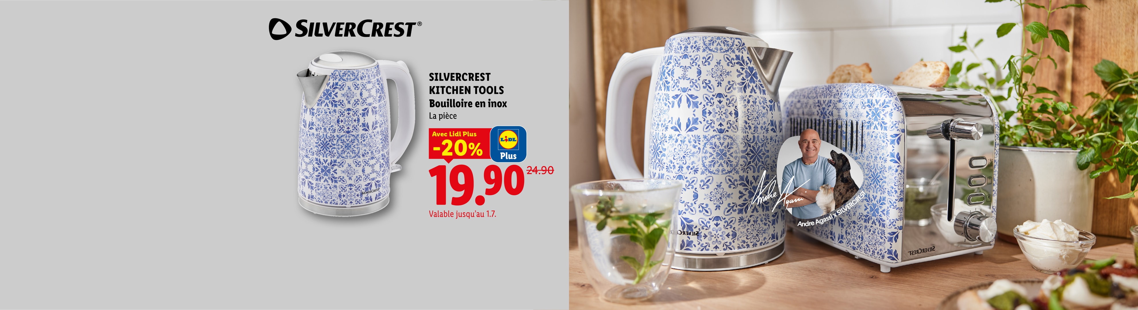 Bouilloire en inox à motifs bleus et blancs, en promotion à 19,90€.