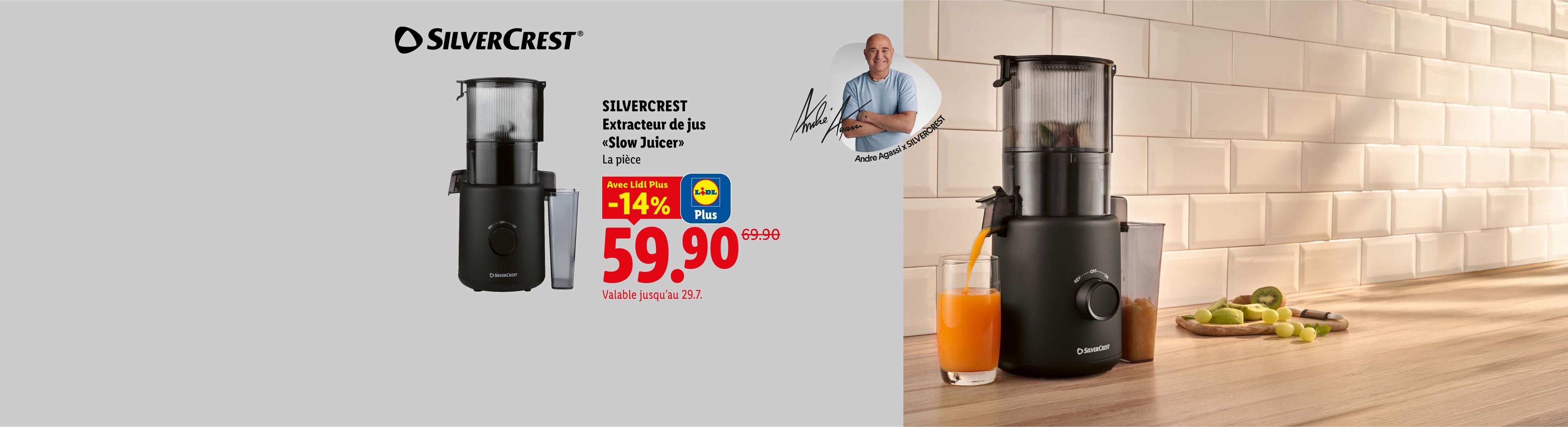 SILVERCREST Extracteur de jus «Slow Juicer» La pièce Avec Lidl Plus -14% CHF 59.90 Valable jusqu'au 29.7. Andre Agassi X SILVERCREST