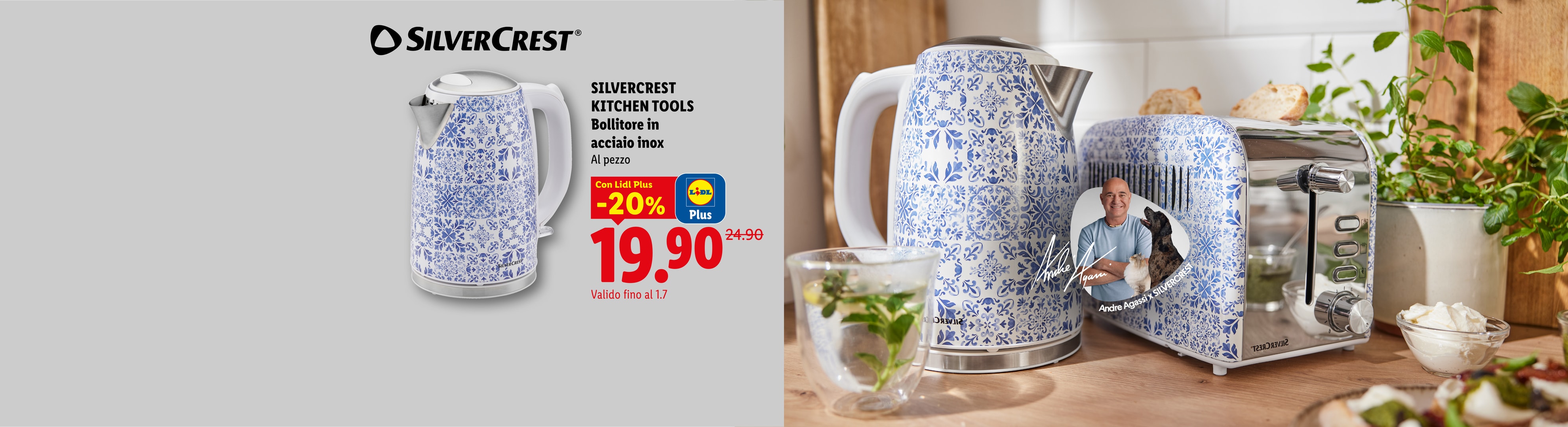 Bollitore e tostapane con motivi blu e bianchi, con un'offerta del -20% sul bollitore.