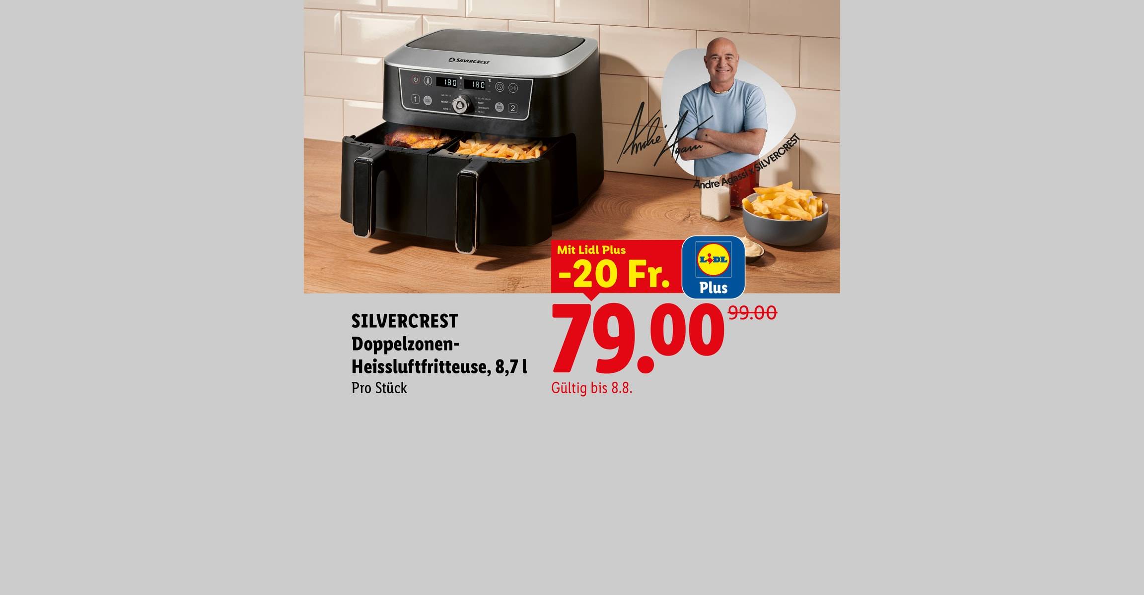 SILVERCREST Doppelzonen- Heissluftfritteuse, 8,7 l Pro Stück Mit Lidl Plus -20 Fr. CHF 79.00 Gültig bis 8.8.
