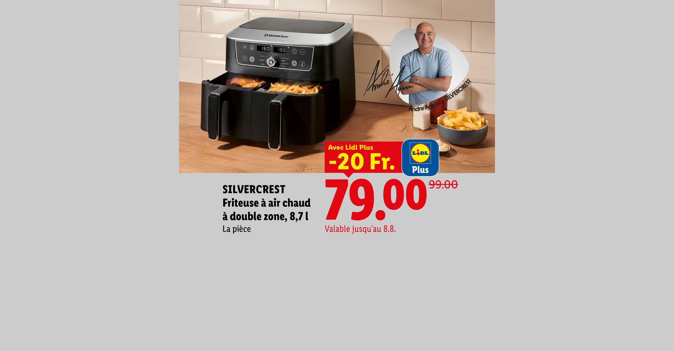 SILVERCREST Friteuse à air chaud à double zone, 8,7 l La pièce Avec Lidl Plus -20 Fr. CHF 79.00 Valable jusqu'au 8.8.