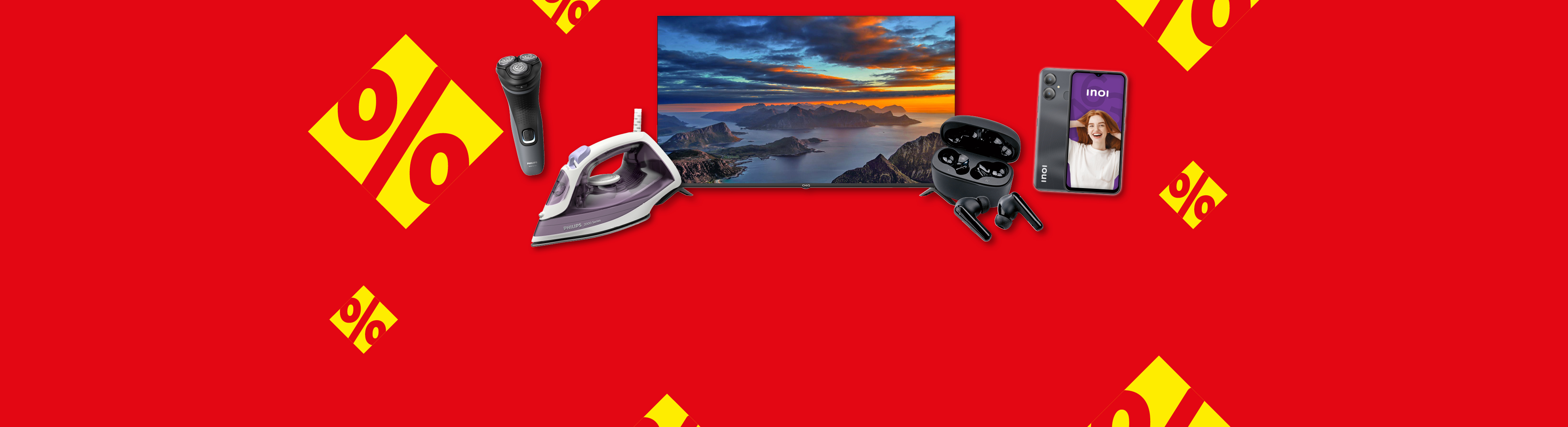 Haushaltsgeräte und Technik im Angebot: Rasierer, Philips Bügeleisen, Fernseher, Kopfhörer und Inoi Smartphone.